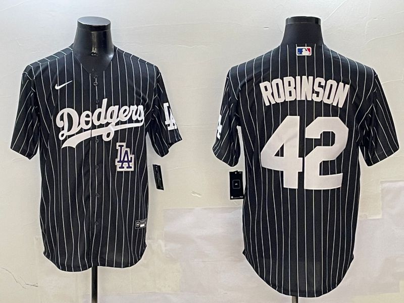 Men Los Angeles Dodgers #42 Robinson Black Stripe Jointly Name 2025 Nike MLB Jersey style 12